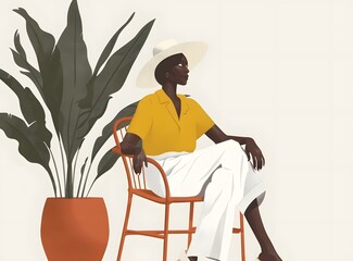 Poster - Woman in Yellow Blouse Sitting in Chair with Plant