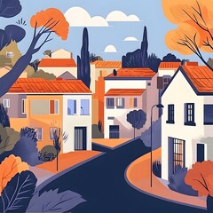 Canvas Print - Illustrated Colorful Houses in a Suburban Neighborhood