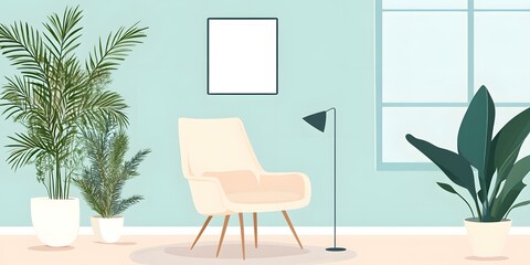 Poster - Minimalist Illustration of a Modern Living Room with a Chair and Plants