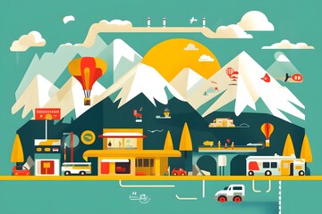 Sticker - Mountain Village Illustration with Hot Air Balloons