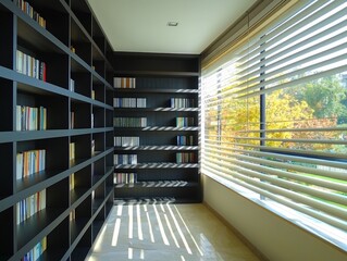 Sunlight streams through blinds casting shadows on a bookfilled room A perspective from the corner reveals a window view of autumn leaves and a bookshelf books sunlight blinds