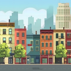 Canvas Print - Colorful Cityscape Illustration with Buildings and Trees