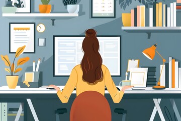 Sticker - Woman Working From Home Office Illustration