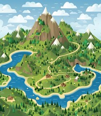 Poster - Cartoon Illustration of a Mountain Landscape with a Winding Road