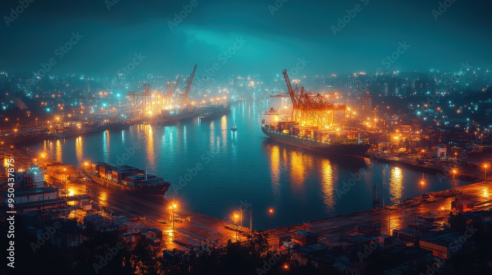 Illuminated port at night with cargo ships and cranes, reflecting city ...