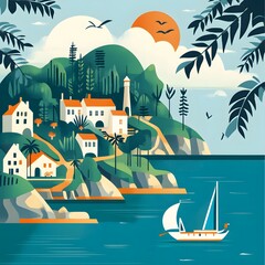 Poster - Summer Coastal Village Illustration