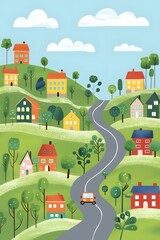 Canvas Print - Winding Road Through Colorful Houses Illustration