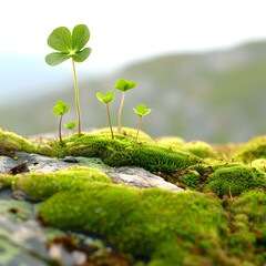 Canvas Print - Green Plants Growing on Mossy Rock