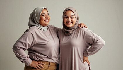 Two muslim businesswomen smiling together in brown outfits