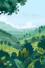 Canvas Print - Green Hills and Lush Forest Landscape Illustration