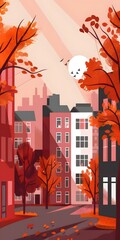 Wall Mural - Autumn Illustration with Red Leaves and Cityscape