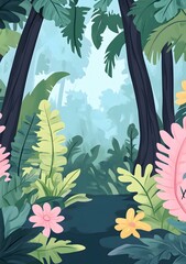 Tropical Rainforest Illustration With Lush Greenery And Flowers