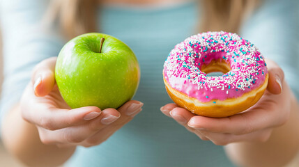 Wall Mural - Woman holding donut in one hand and apple in the other. Food choices. Healthy eating. Fast food and sweets