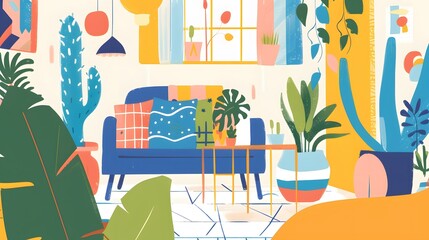 Canvas Print - Colorful Illustration of a Living Room with Plants and a Couch