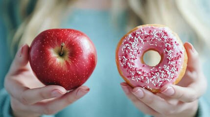 Wall Mural - Woman holding donut in one hand and apple in the other. Food choices. Healthy eating. Fast food and sweets