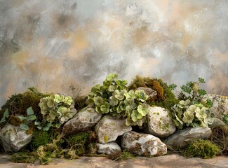 Canvas Print - Green Plants on Rocks with a Textured Background