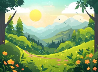 Poster - Beautiful Mountain Landscape with Sun and Flowers