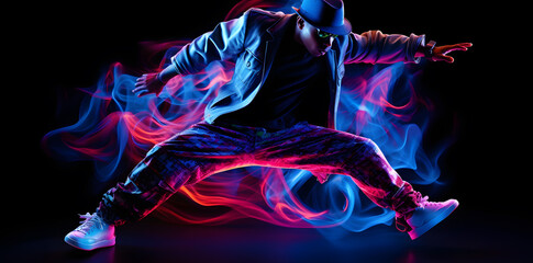 Man in bright clothes dancing hip-hop isolated on dark background in mixed neon light