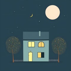 Canvas Print - Night Illustration of a Small House with Trees and Moon