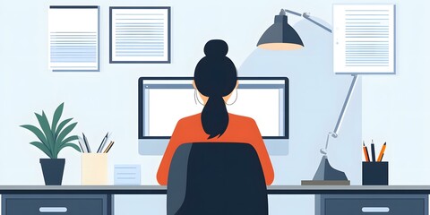 Wall Mural - Woman Working on Computer at Desk