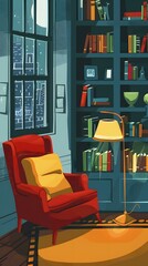 Wall Mural - Night View Through Window In Living Room With Armchair And Bookshelf