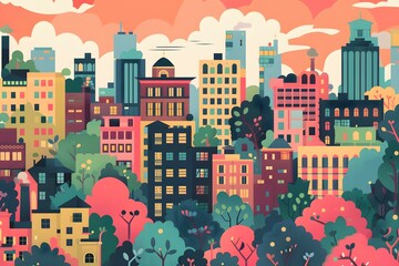 Poster - Cityscape Illustration with Buildings and Trees