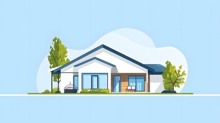 Sticker - Modern House Exterior with Blue Roof and Green Trees