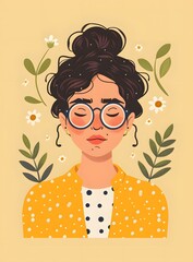 Wall Mural - Girl With Glasses and Flowers Illustration