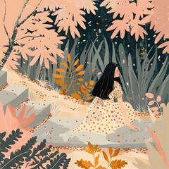 Wall Mural - Woman Sitting in a Forest Illustration