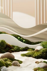 Canvas Print - Minimalist Zen Garden with White Curved Walls and Green Moss