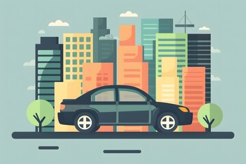 Wall Mural - Flat Design Illustration of a Car Driving Through a Cityscape