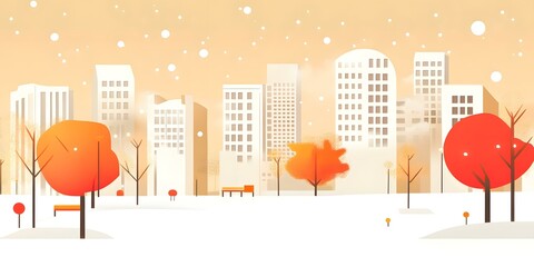 Canvas Print - Winter Cityscape with Orange Trees and Snow