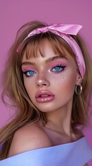 Wall Mural - A woman with blue eyes and pink lipstick is wearing a pink headband