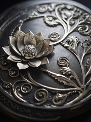 Wall Mural - Elegant silver plaque adorned with lotus flower engravings.