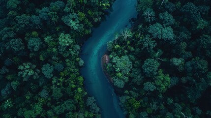 Canvas Print - Aerial View of a River Winding Through Lush Green Forest