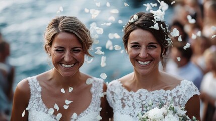 Two joyous brides, dressed in white wedding gowns, celebrate their marriage with a shower of flower petals, smiling and radiating love and happiness amid a waterfront setting.