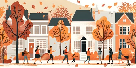 Canvas Print - Autumn Street Scene with People Walking