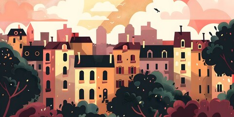 Wall Mural - Cityscape Illustration with Houses and Trees