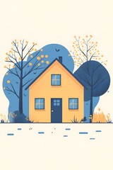 Wall Mural - Minimalist House Illustration with Trees and Blue Sky