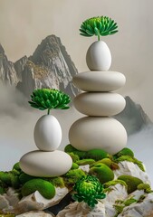 Wall Mural - Zen Garden with Green Flowers and Stacked Stones