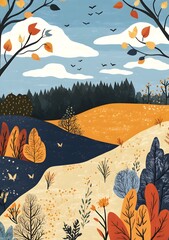 Poster - Autumn Landscape with Colorful Trees and Flying Birds