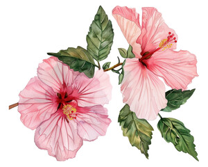 A vibrant illustration of two hibiscus flowers with green leaves.