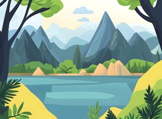 Poster - Mountain Lake Landscape Illustration