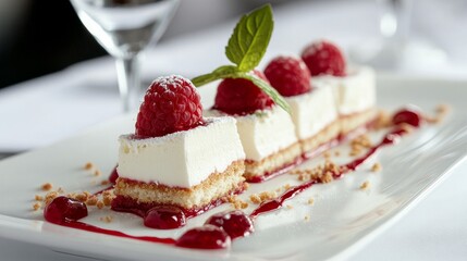 A sweet dish presented on an elongated platter with crumbs and raspberry sauce