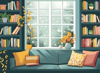 Wall Mural - Cozy Autumn Living Room with Window View and Bookcase