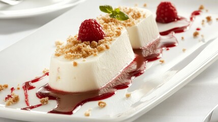 A sweet dish presented on an elongated platter with crumbs and raspberry sauce