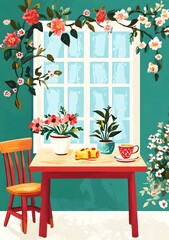 Wall Mural - Green Wall With Window And Flowers