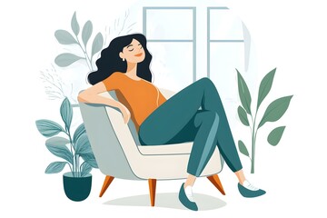 Wall Mural - Woman Relaxing in a Chair with Plants and a Window in the Background