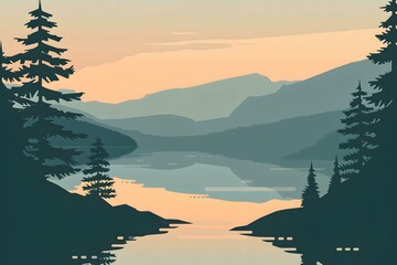 Poster - Mountain Lake Landscape Illustration