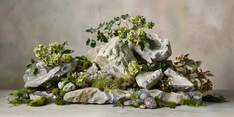 Wall Mural - Nature Photography: Moss Covered Stones with Flowers